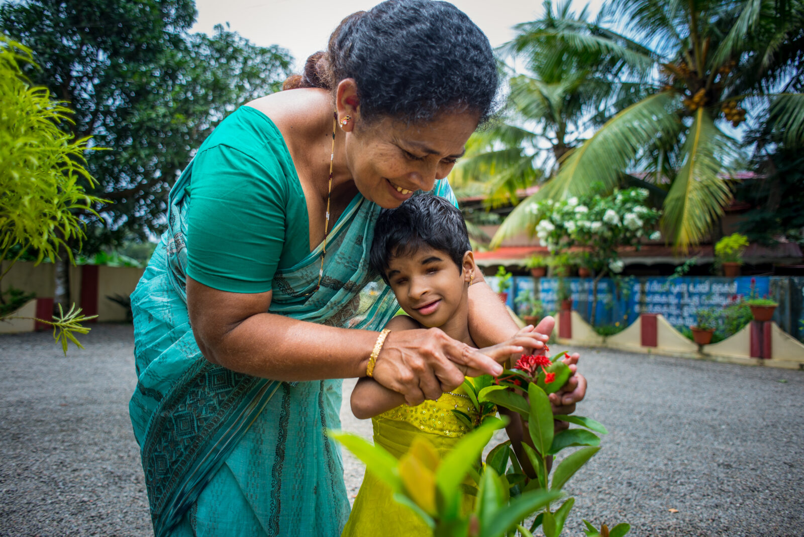 Woman helping a young child to feel and touch a flower. Woman helping a young child to feel and touch a flower.