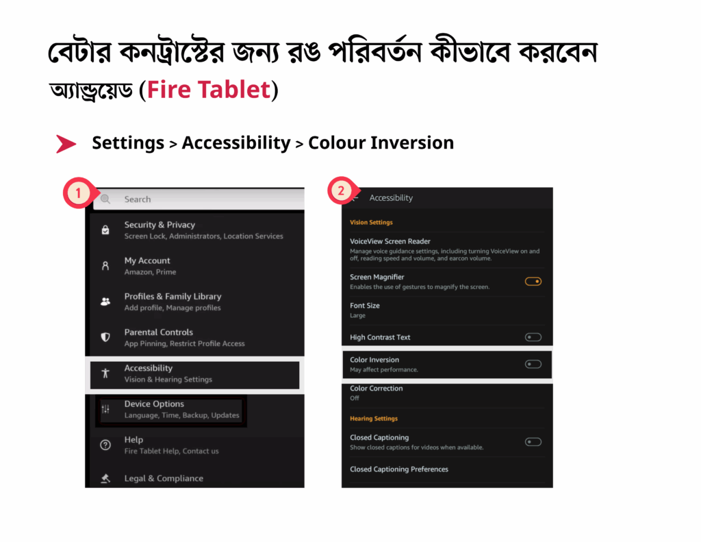 অ্যান্ড্রয়েডের ফায়ার ট্যাবলেট ডিভাইসের কনট্রাস্ট্র পরিবর্তনের জন্য অ্যাক্সেসিবিলিটি ও কালার ইনভার্সন অপশন ব্যবহার করে রং পরিবর্তনের পদ্ধতি দেখানো হয়েছে ছবিতে।