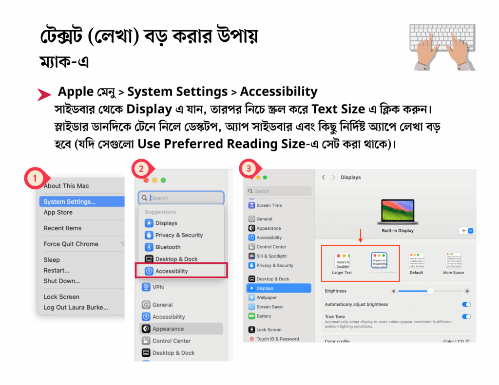 ম্যাকের অ্যাপল মেন্যুতে কীভাবে লেখা বড় বা ছোট করা যায় তার কিছু উপায় উল্লেখ করা হয়েছে। কীভাবে সিস্টেম সেটিংস থেকে অ্যাক্সেসিবিলিটি ফিচার ব্যবহার করে লেখা বড়, ছোট করা যায় সেটা দেখানো হয়েছে ছবিতে।