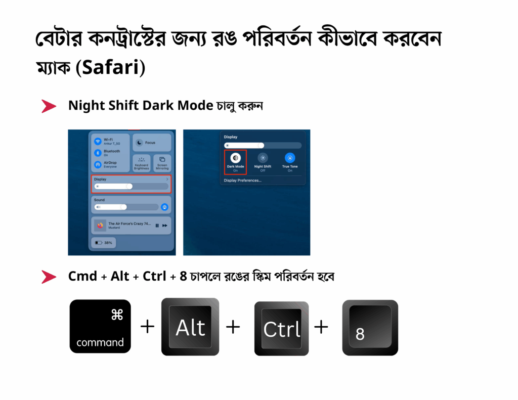 ম্যাক ডিভাইসে কীভাবে কনট্রাস্ট পরিবর্তন করা যাবে সেটি দেখানো হয়েছে ছবিতে। নাইট শিফট ডার্ক মুড চালু করার পদ্ধতি দেখানো হয়েছে ছবিতে। কমান্ড, অল্টার, কন্ট্রোল ও ৮ চেপে ধরে রঙের স্কিম পরিবর্তন করার পদ্ধতি দেখানো হয়েছে ছবিতে।