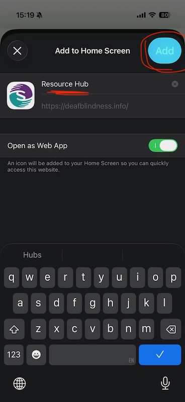 Picha inayokuonyesha jinsi ya kusogeza chini orodha ya chaguo, kisha uguse Ongeza kwenye Skrini ya Nyumbani (huenda ikakubidi ubofye Zaidi ili kuona chaguo hilo.