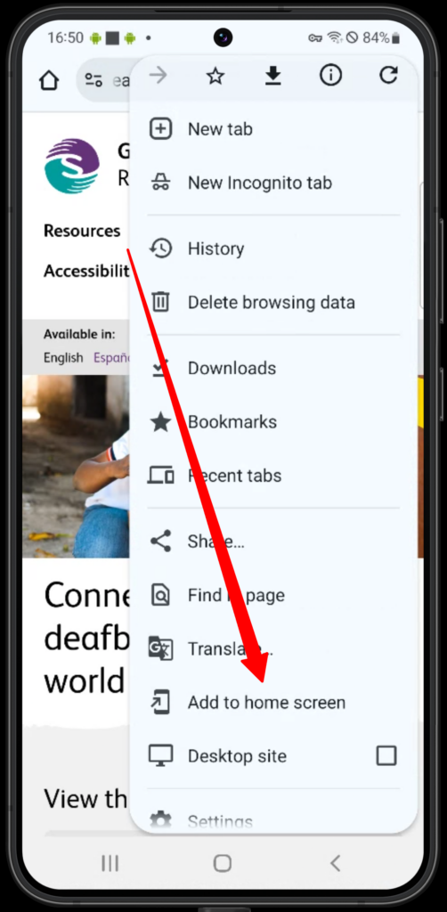 1. Picha inayokuonyesha jinsi ya Kufungua Kivinjari cha Chrome na kuandika tovuti katika https://insightdeafblind.org/. Kisha chagua (doti tatu) ili kufungua menyu